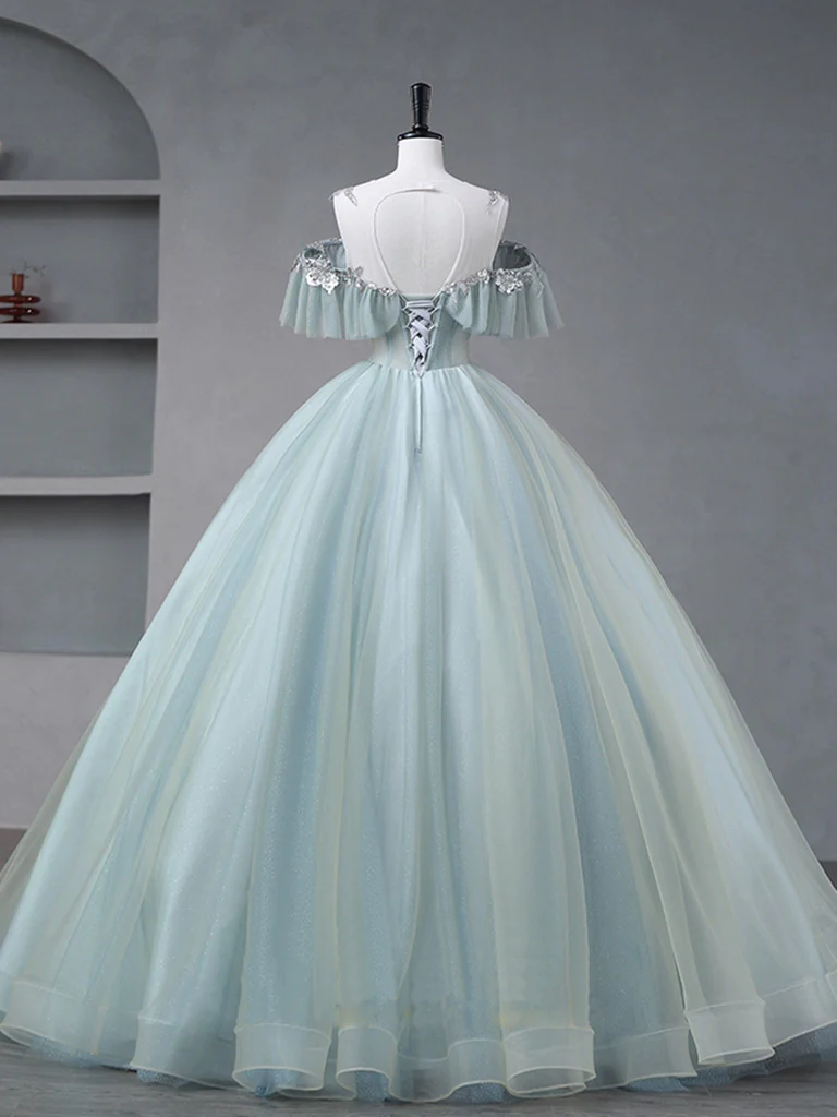 A-Line Blue Tulle sequin Lace Long Prom Dress, Blue Lace Sweet 16 Dress - Deanwangkt