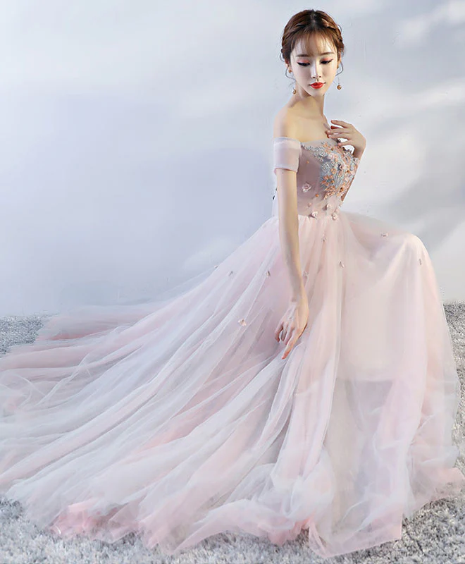 Pink Off Shoulder Tulle Lace Applique Long Prom Dress, Pink Evening Dress - Deanwangkt