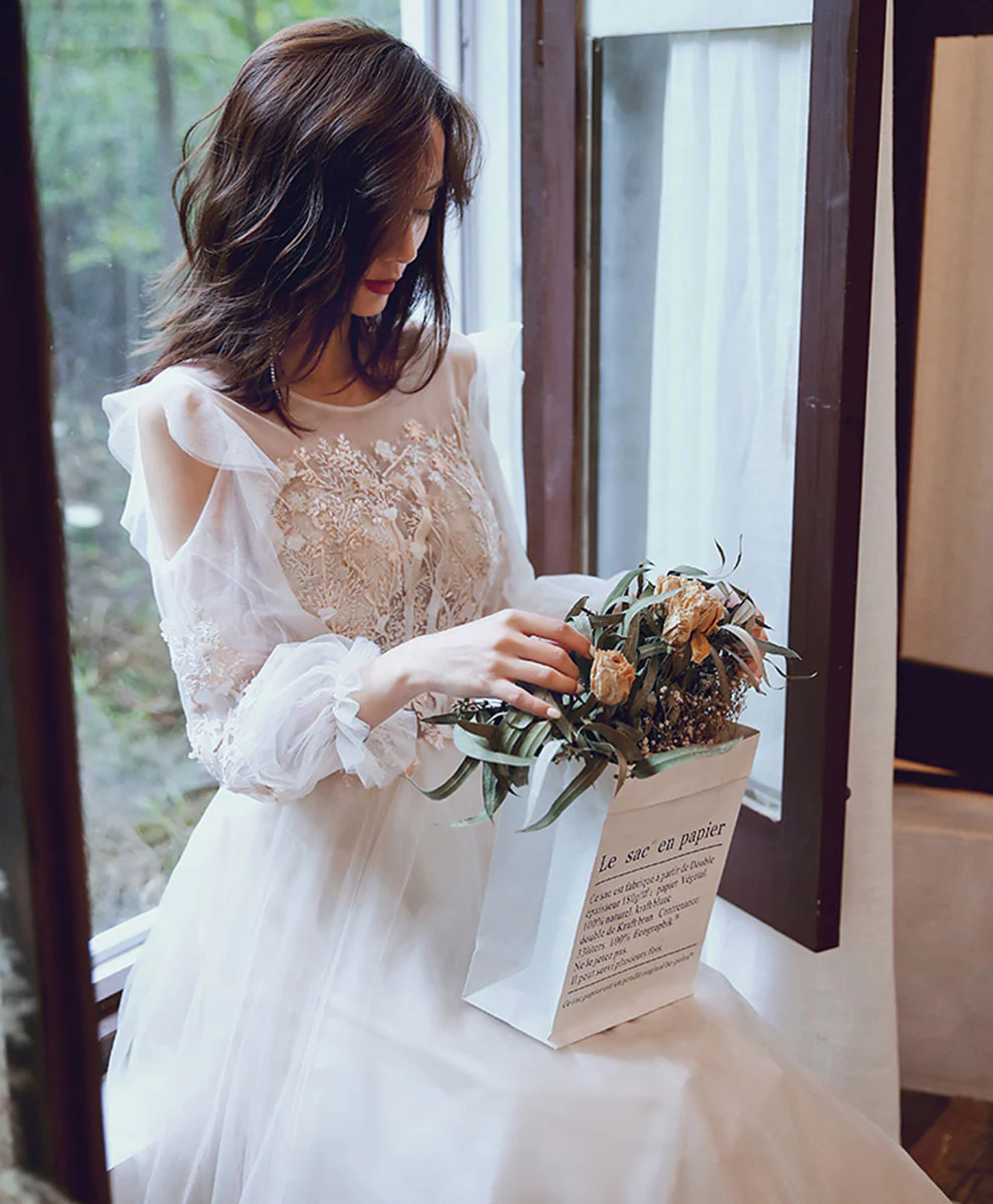 Light Champagne Long Prom Dress, Formal Evening Party Dress with Lace - Deanwangkt