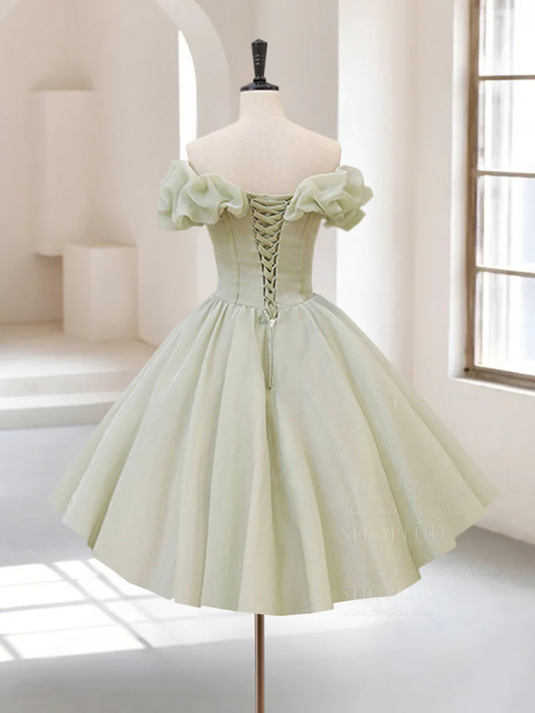 A-Line Off Shoulder Organza Green Short Prom Dress,Cute Homecoming Dress with Beads - Deanwangkt