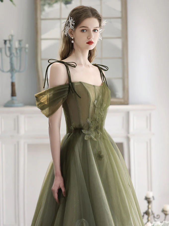 A-Line Off Shoulder Green Tulle Long Prom Dress, Green Formal Dresses - Deanwangkt