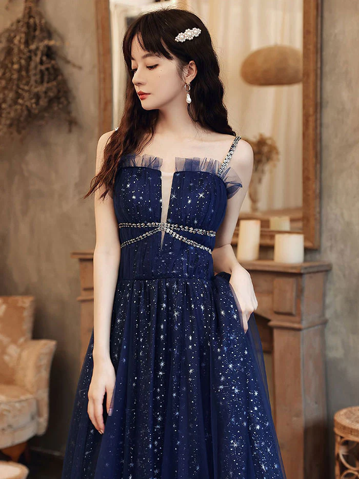 Blue Tulle A line Sequin Long Prom Dress, Blue Tulle Formal Dress - Deanwangkt