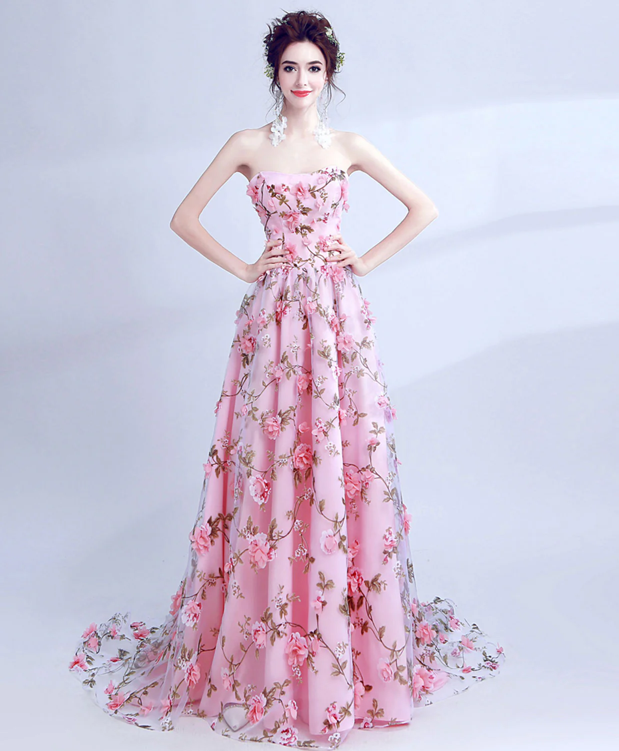 Pink Tulle 3D Flowers Long Prom Dress, Pink Long Graduation Dresses - Deanwangkt