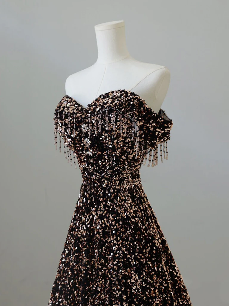 Off Shoulder A-Line Coffee Gold Sequin Long Prom Dress, Coffee Gold Evening Dress - Deanwangkt