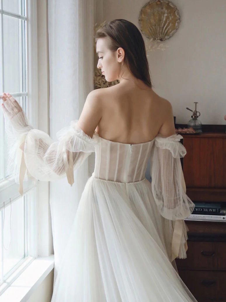 White Tulle A line Long Prom Dress, White Formal Dresses - Deanwangkt