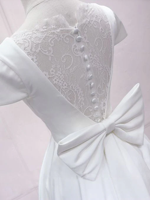 Simple White V Neck Lace Short Prom Dress, White Bridesmaid Dress - Deanwangkt