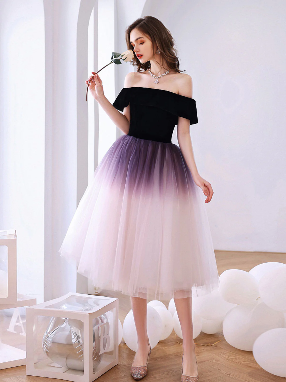 Purple Off Shoulder Tulle Short Puffy Prom Dresses, Puffy Purple Homecoming Dresses - Deanwangkt