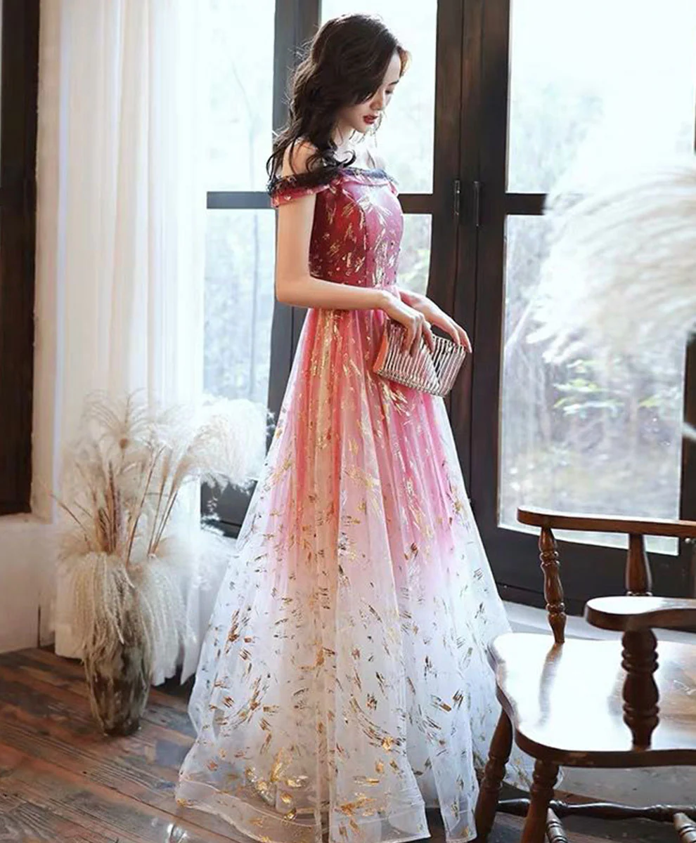 Burgundy Tulle Off Shoulder Lace Long Prom Dress Tulle Formal Dress - Deanwangkt