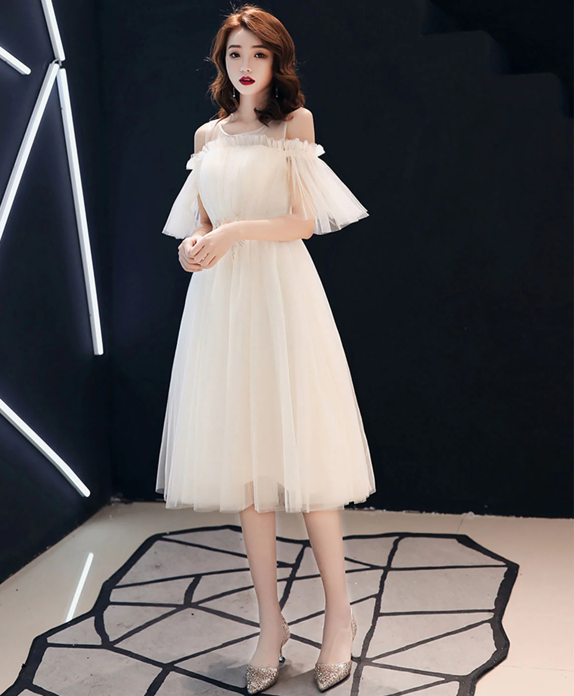 Light Champagne Tulle Short Prom Dress, Champagne Tulle Homecoming Dress - Deanwangkt