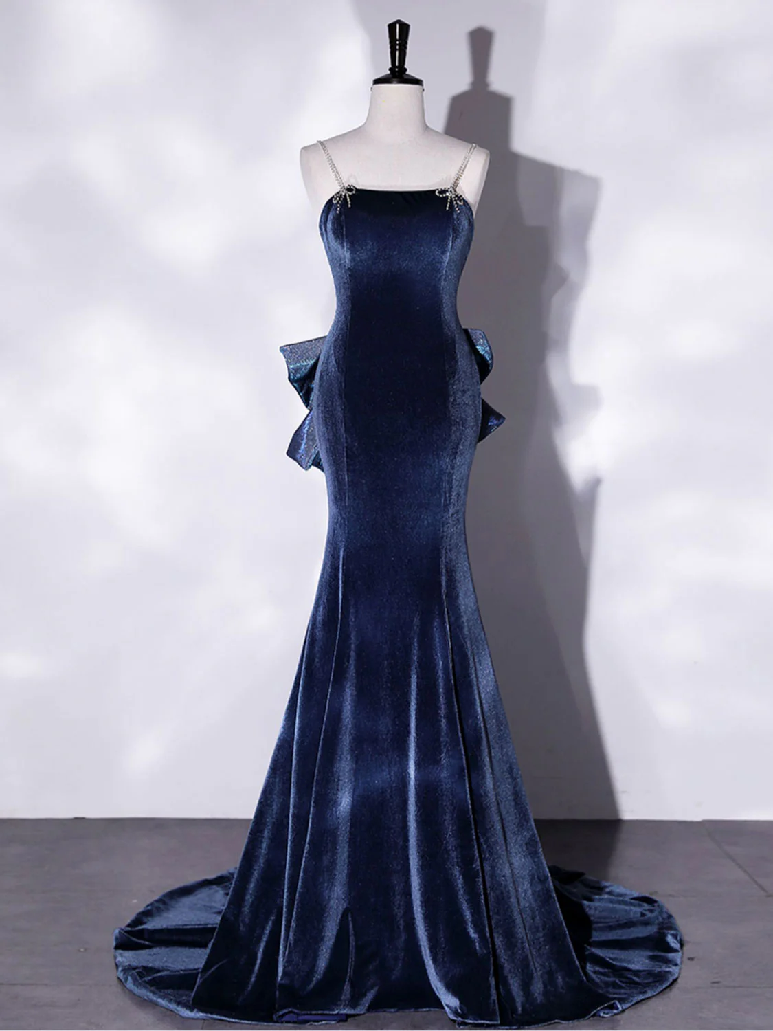 Mermaid Velvet Blue Long Prom Dresses, Blue Velvet Long Evening Dress - Deanwangkt