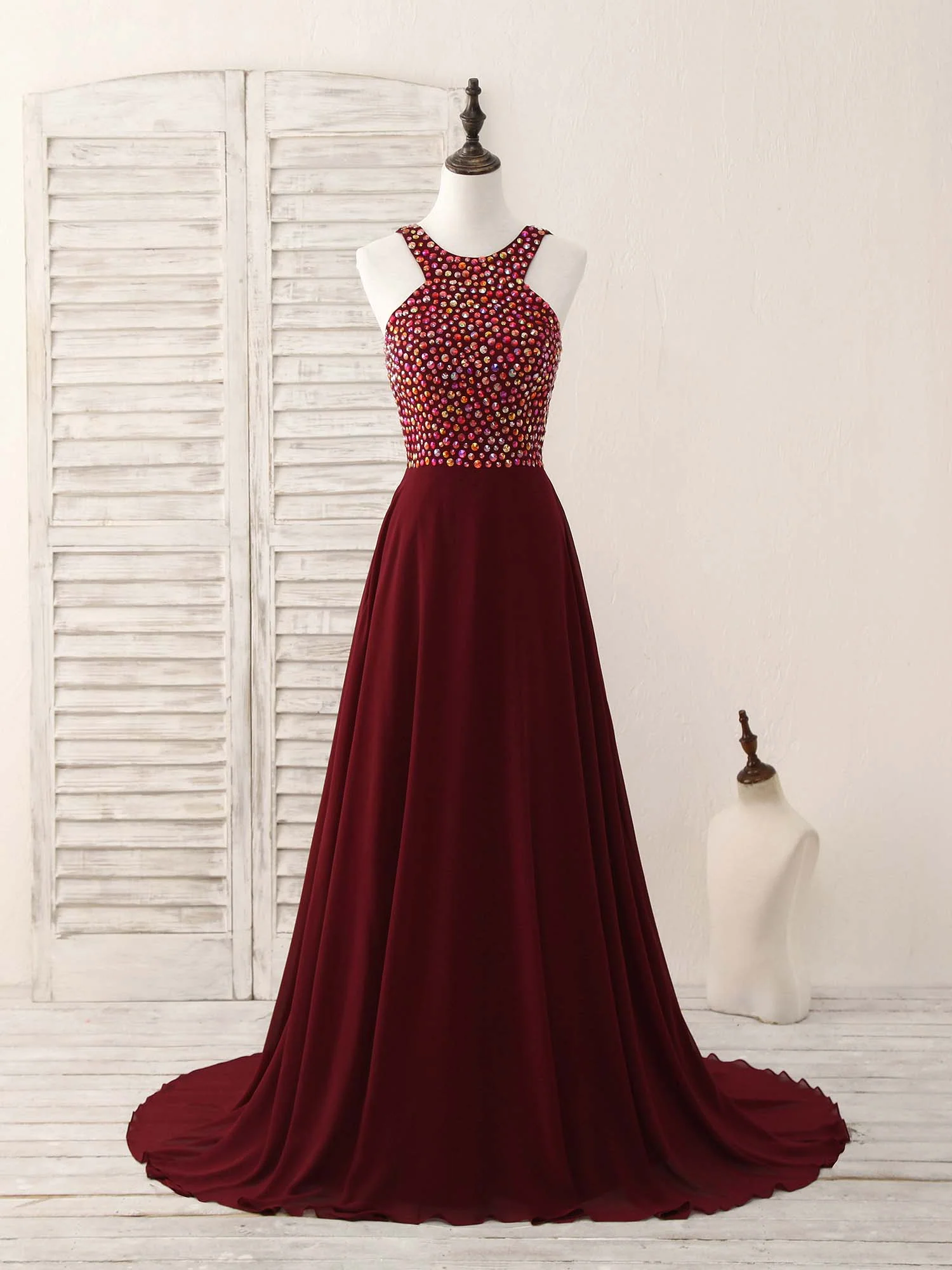 Burgundy Round Neck Chiffon Beads Long Prom Dress - Deanwangkt