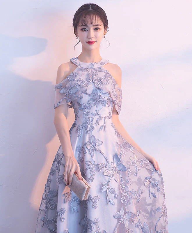 Gray Lace Long Prom Dress, Gray Lace Bridesmaid Dress - Deanwangkt