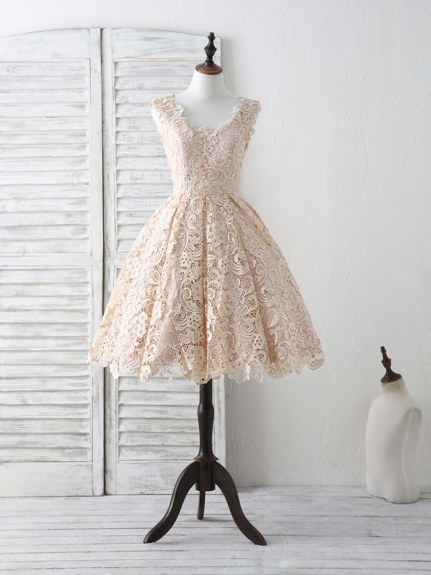 Champagne V Neck Lace Short Prom Dress Champagne Bridesmaid Dress - Deanwangkt