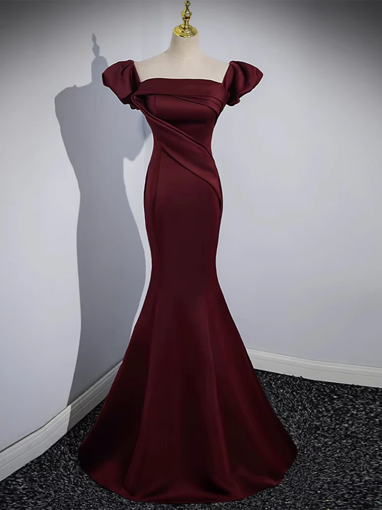 Mermaid off Shoulder Satin Burgundy Long Prom Dress, Burgundy Formal Dress - Deanwangkt