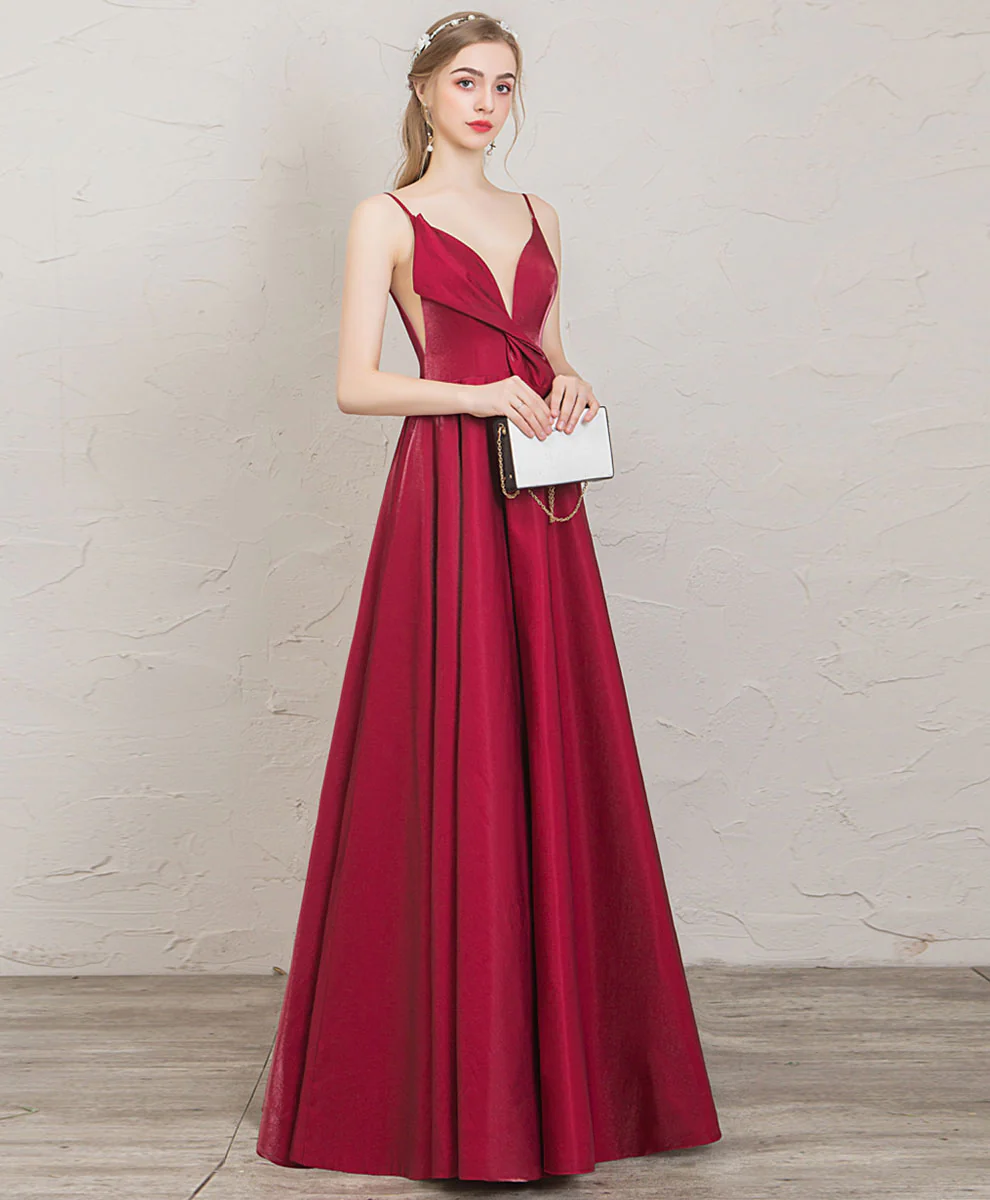 Simple V Neck A Line Satin Long Prom Dress Red Evening Dress - Deanwangkt