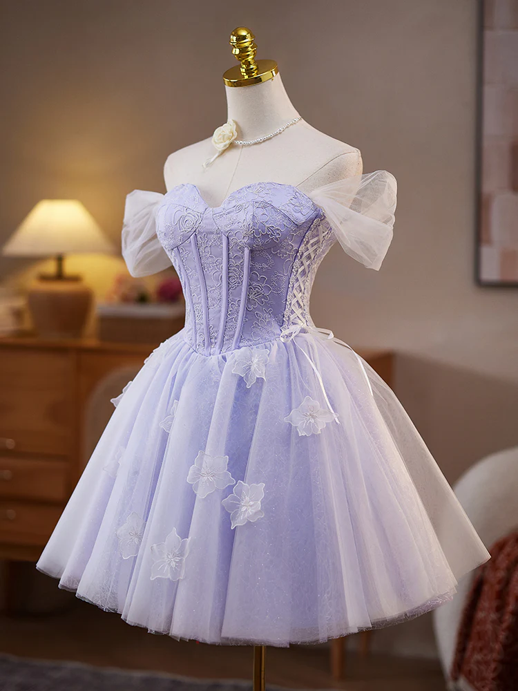 A-Line Sweetheart Neck Tulle Lace Short Purple Prom Dress, Purple Homecoming Dress - Deanwangkt