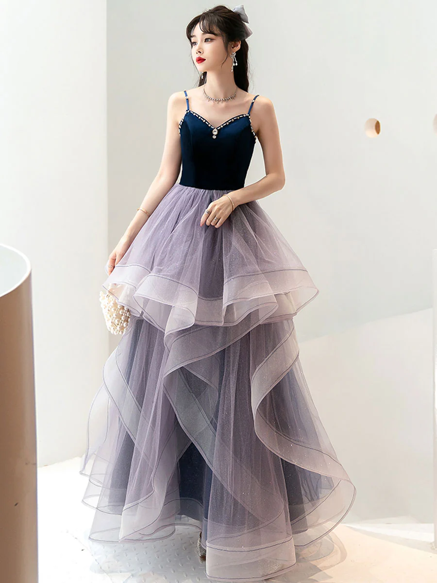 Purple Sweetheart Neck Tulle Long Prom Dress Purple Graduation Dresses - Deanwangkt