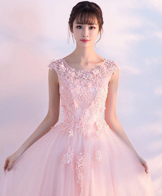 Pink Round Neck Tulle Lace Long Prom Dress, Pink Tulle Evening Dress - Deanwangkt