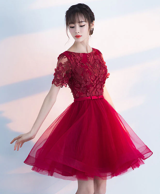 Burgundy Round Neck Tulle Lace Short Prom Dress, Burgundy Homecoming Dress - Deanwangkt