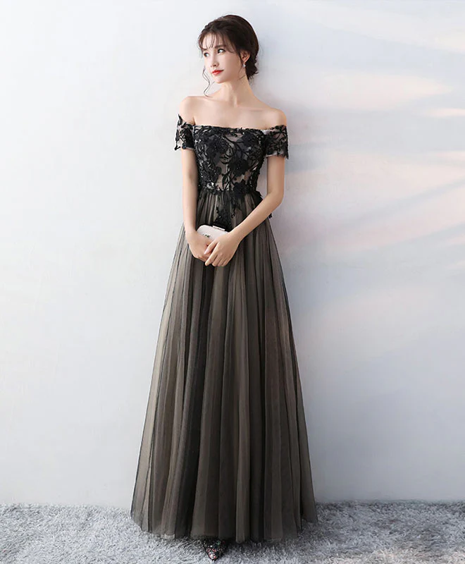 Black Lace Tulle Long Prom Dress, Black Formal Party Dress - Deanwangkt