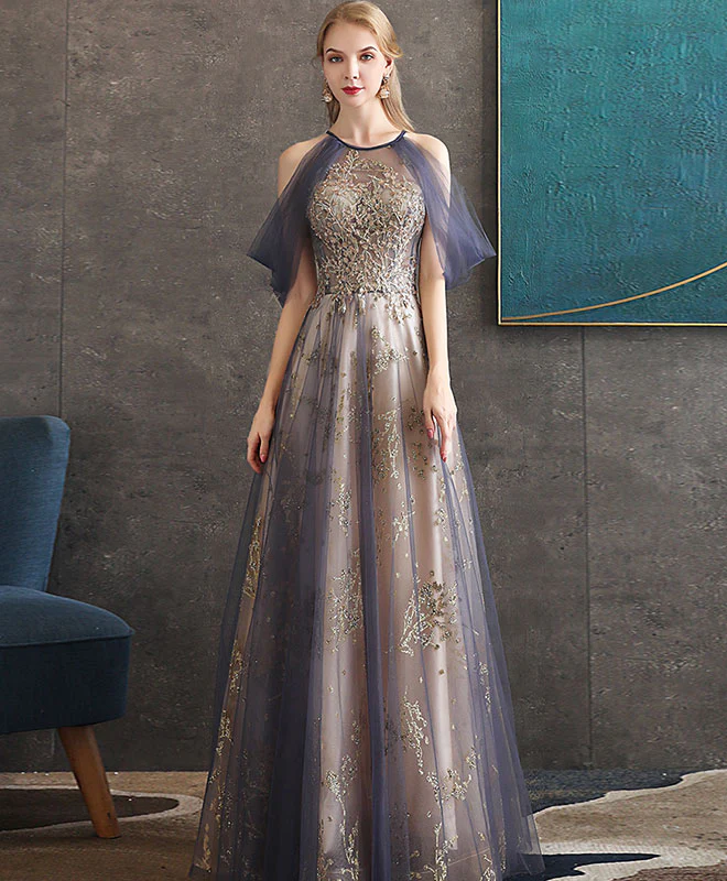 Gray Blue High Neck Tulle Lace Long Prom Dress Gray Tulle Formal Dress - Deanwangkt