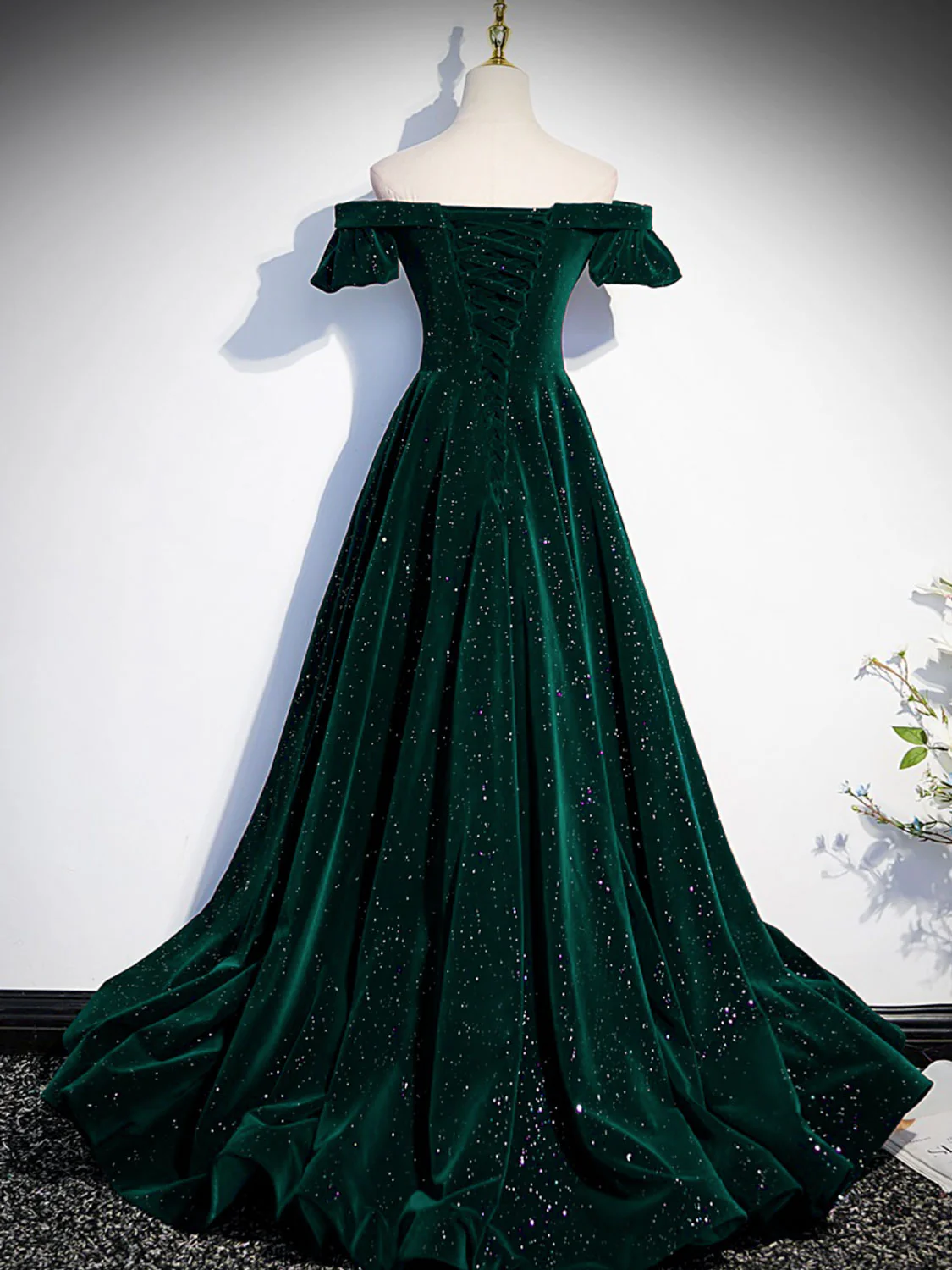 A-Line Off Shoulder Velvet Long Prom Dresses, Green Velvet Graduation Dress - Deanwangkt