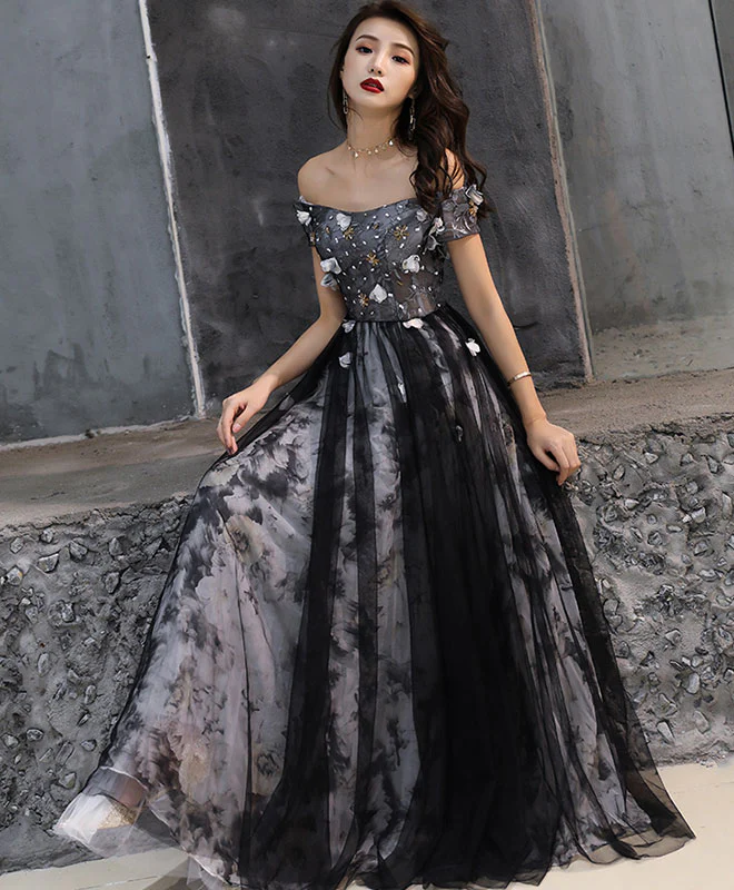 Black Tulle Lace Long Prom Dress, Black Tulle Evening Dress - Deanwangkt