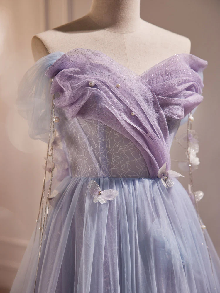 A-Line Sweetheart Neck Tulle Purple Long Prom Dress, Purple Formal Dress - Deanwangkt
