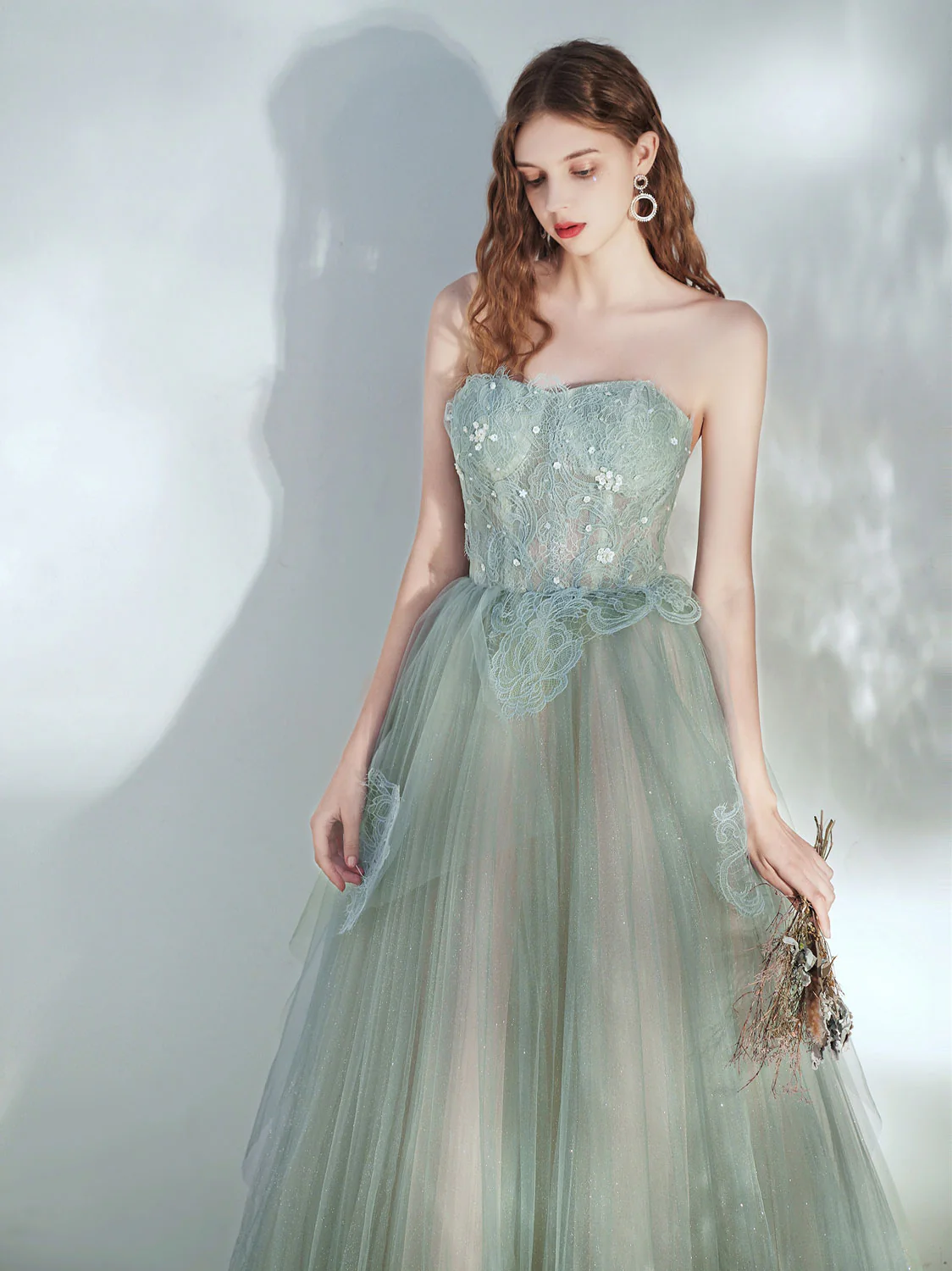 Green Tulle Lace Long Prom Dress, Green Tulle Evening Dress - Deanwangkt