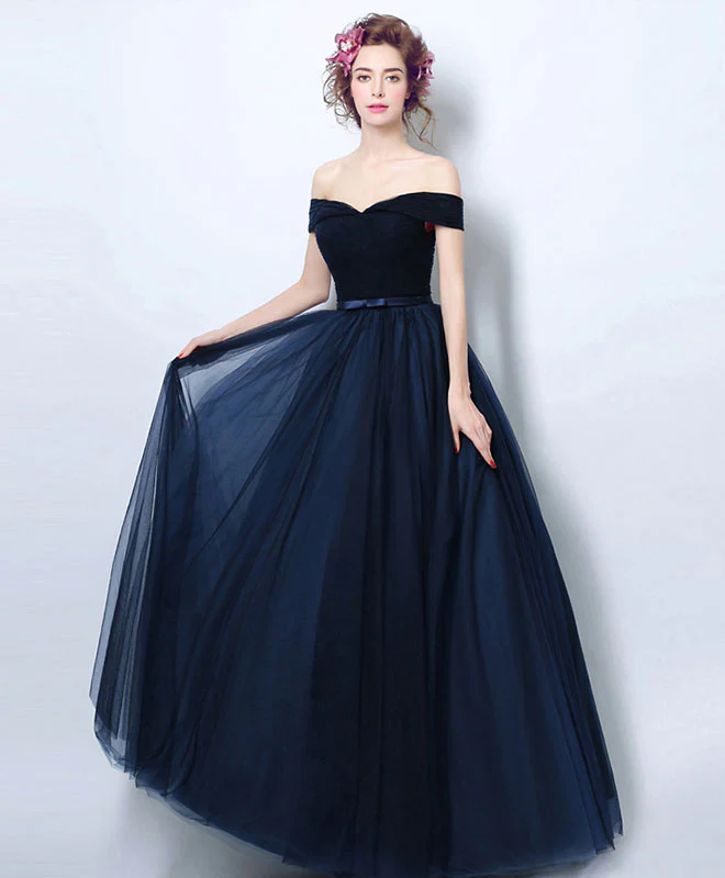 Dark Blue Tulle Long Prom Dress, Blue Tulle Bridesmaid Dress - Deanwangkt