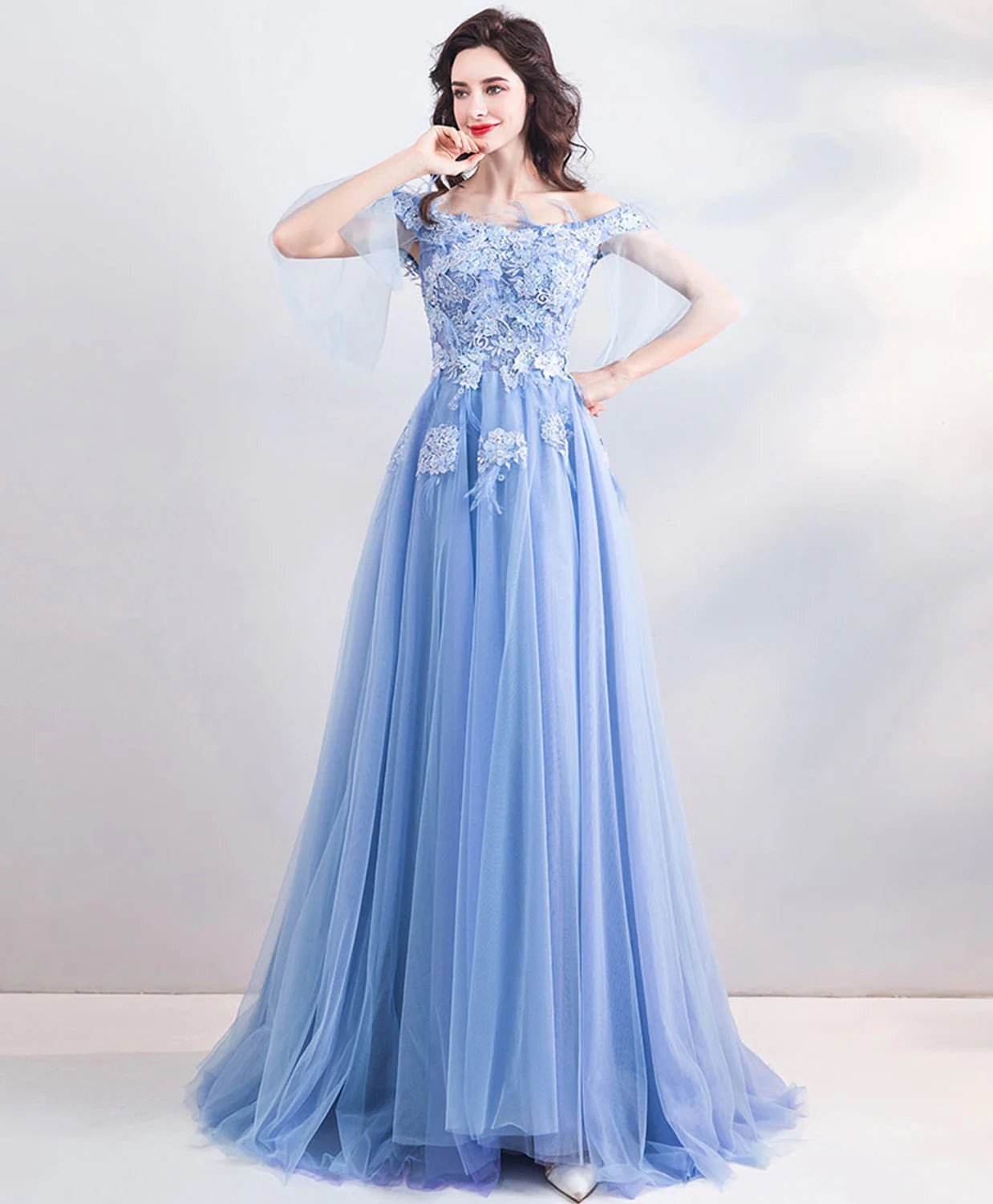 Unique Blue Tulle Off Shoulder Long Prom Dress, Blue Evening Dress - Deanwangkt