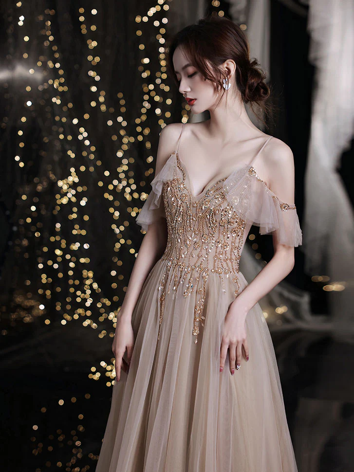 Champagne V Neck Tulle Beads Long Prom Dress, Champagne Evening Dress - Deanwangkt