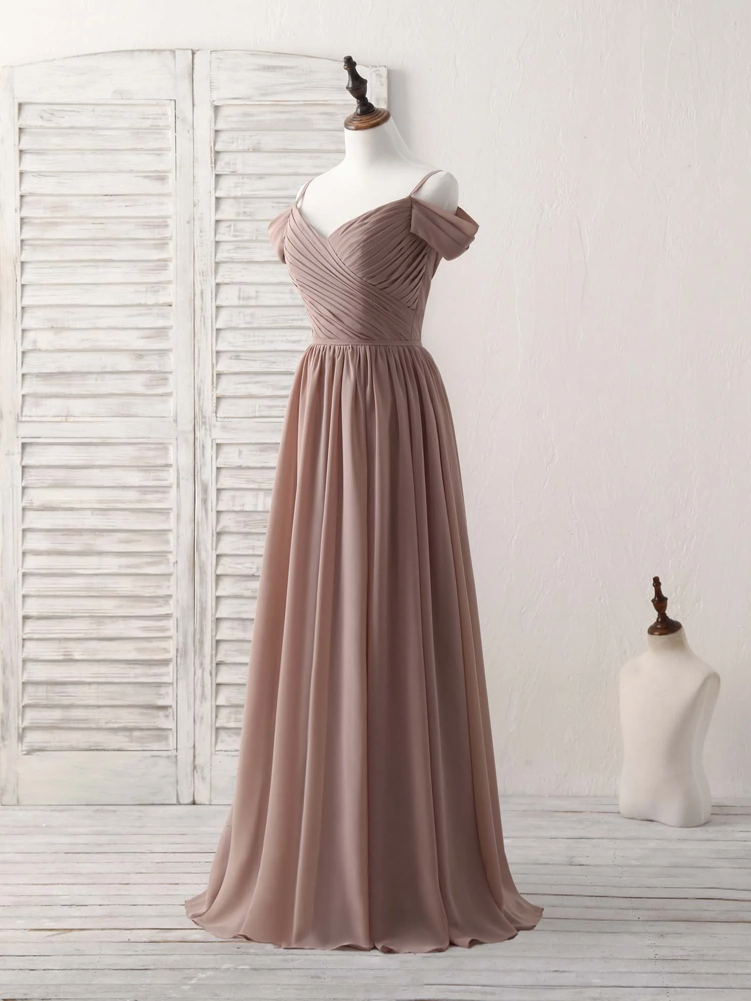Simple V Neck Dark Champagne Chiffon Long Prom Dress, Bridesmaid Dress - Deanwangkt