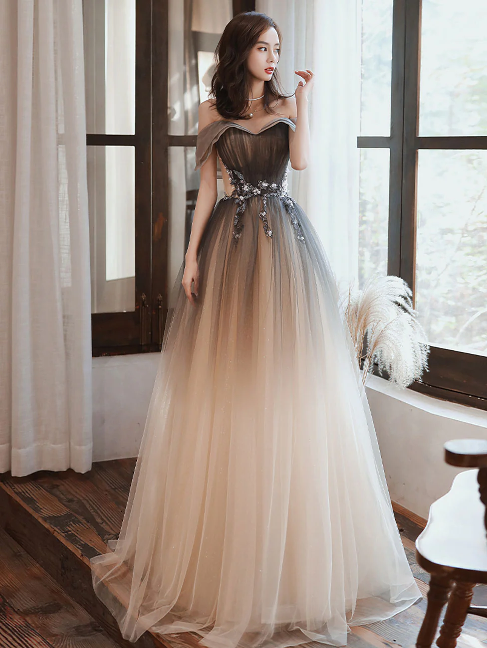 A Line Brown Long Prom Dresses, Off Shoulder Brown Formal Graduation Dresses - Deanwangkt