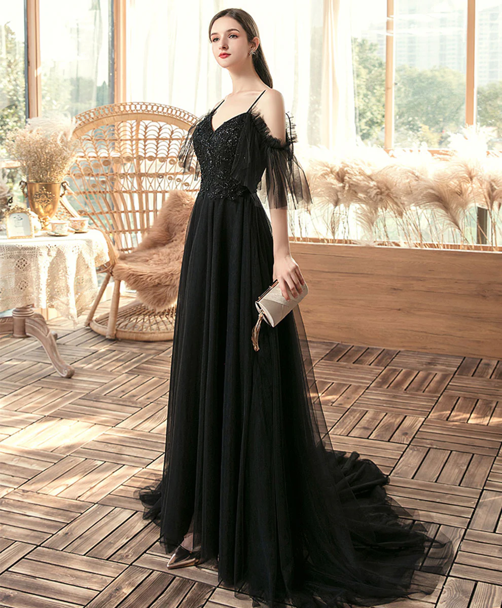Black V Neck Tulle Lace Long Prom Dress Black Evening Dress - Deanwangkt