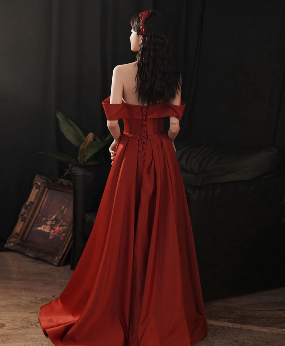 Simple Red Satin Long Prom Dress, Burgundy Formal Graduation Dresses - Deanwangkt