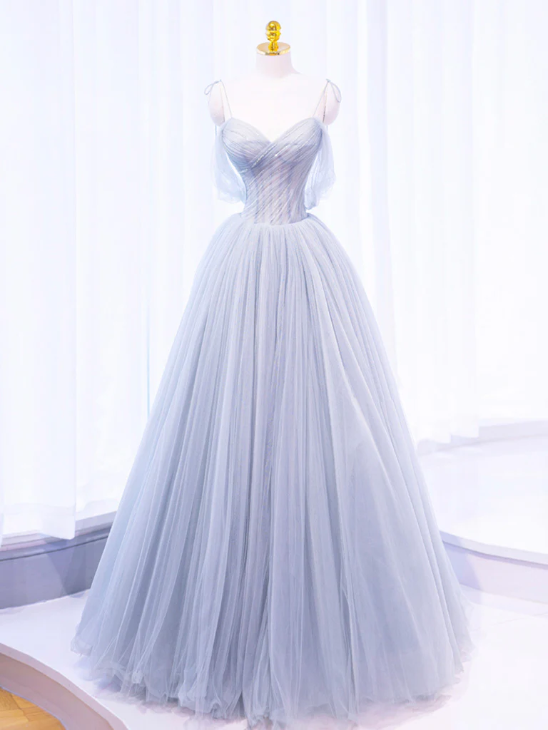 A-Line Off Shoulder Tulle Sequin Gray Long Prom Dress, Gray Tulle Formal Dress - Deanwangkt