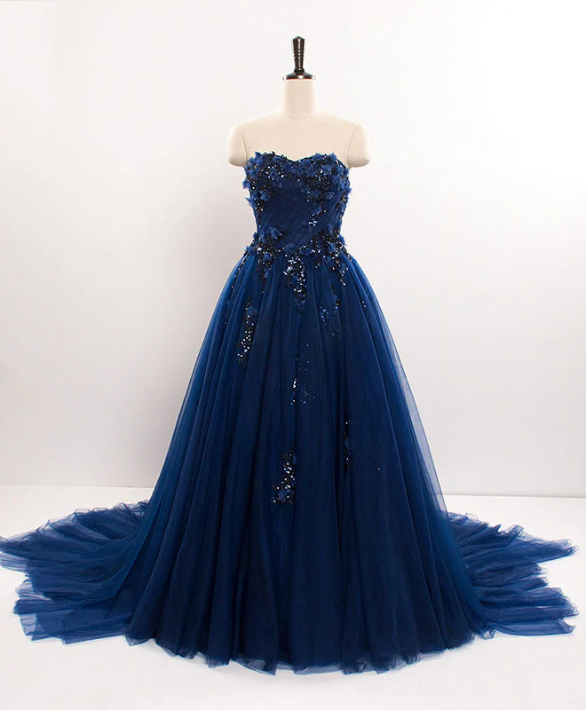 Dark Blue Sweetheart Tulle Lace Long Prom Dress Blue Tulle Evening Dress - Deanwangkt