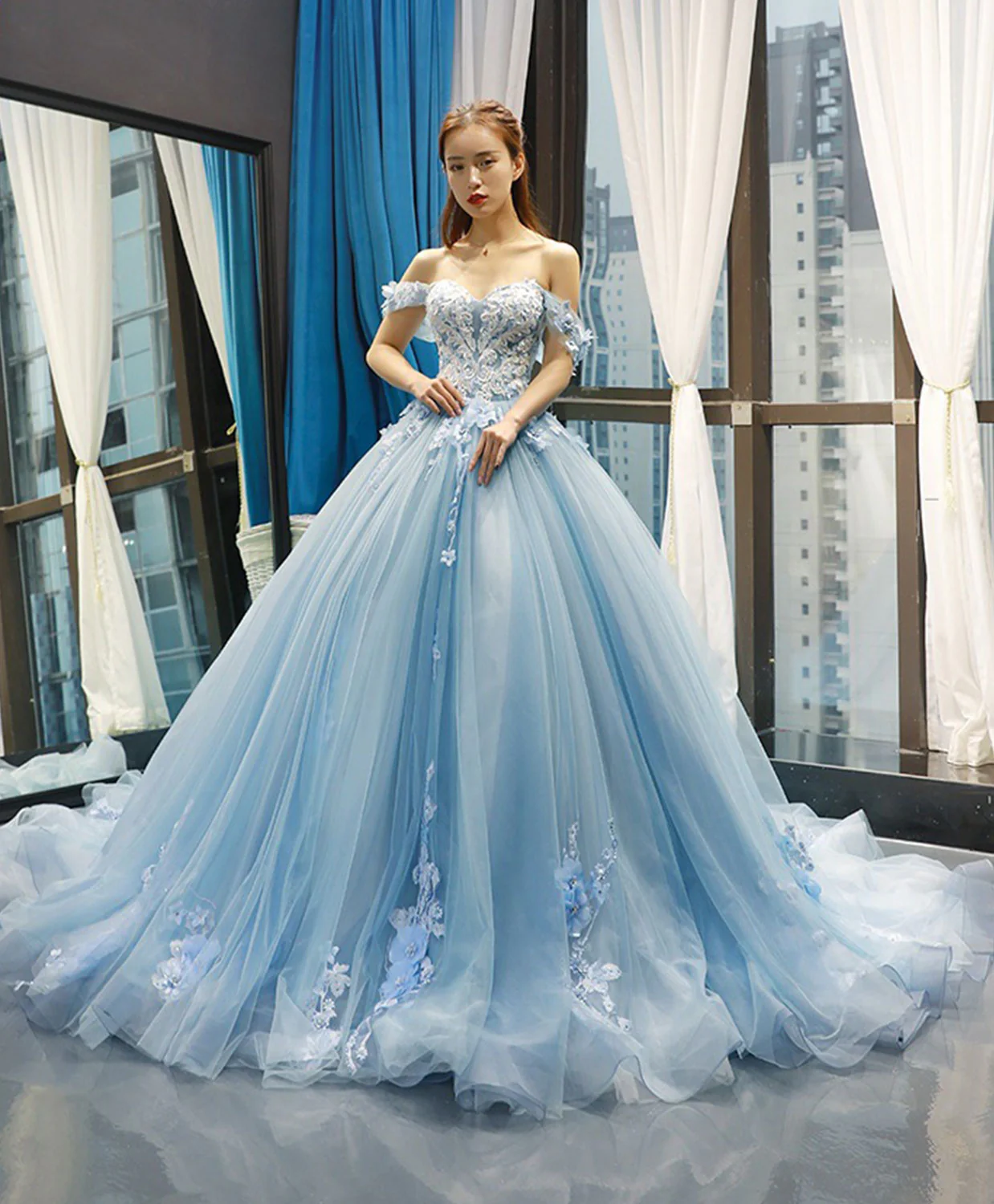 Blue Off Shoulder Tulle Lace Long Prom Dress, Blue Formal Ball Gown Evening Dress - Deanwangkt