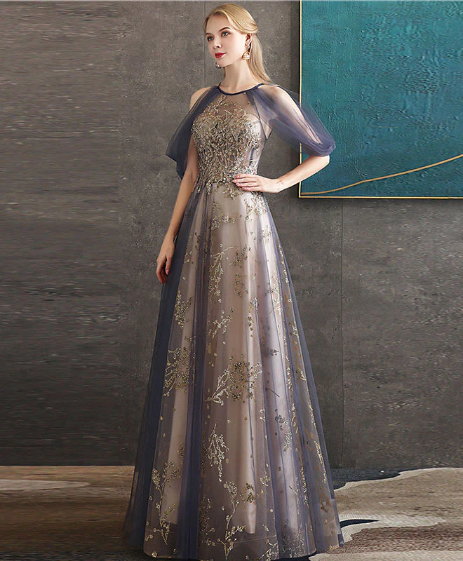 Gray Blue High Neck Tulle Lace Long Prom Dress Gray Tulle Formal Dress - Deanwangkt