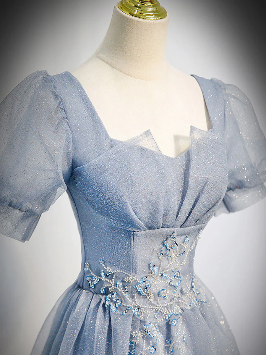 Gray Blue Tulle Long Prom Dress, Gray Blue Tulle Formal Evening Dresses - Deanwangkt