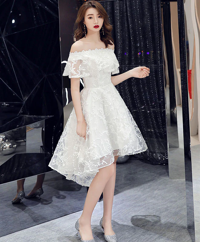 White Off Shoulder Lace Short Prom Dress Lace Homecoming Dress - Deanwangkt