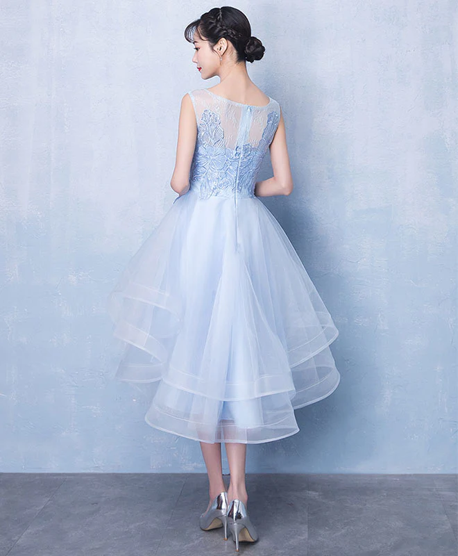 Blue Scoop Neck Tulle Short Prom Dresses, A line Blue Homecoming Dresses - Deanwangkt