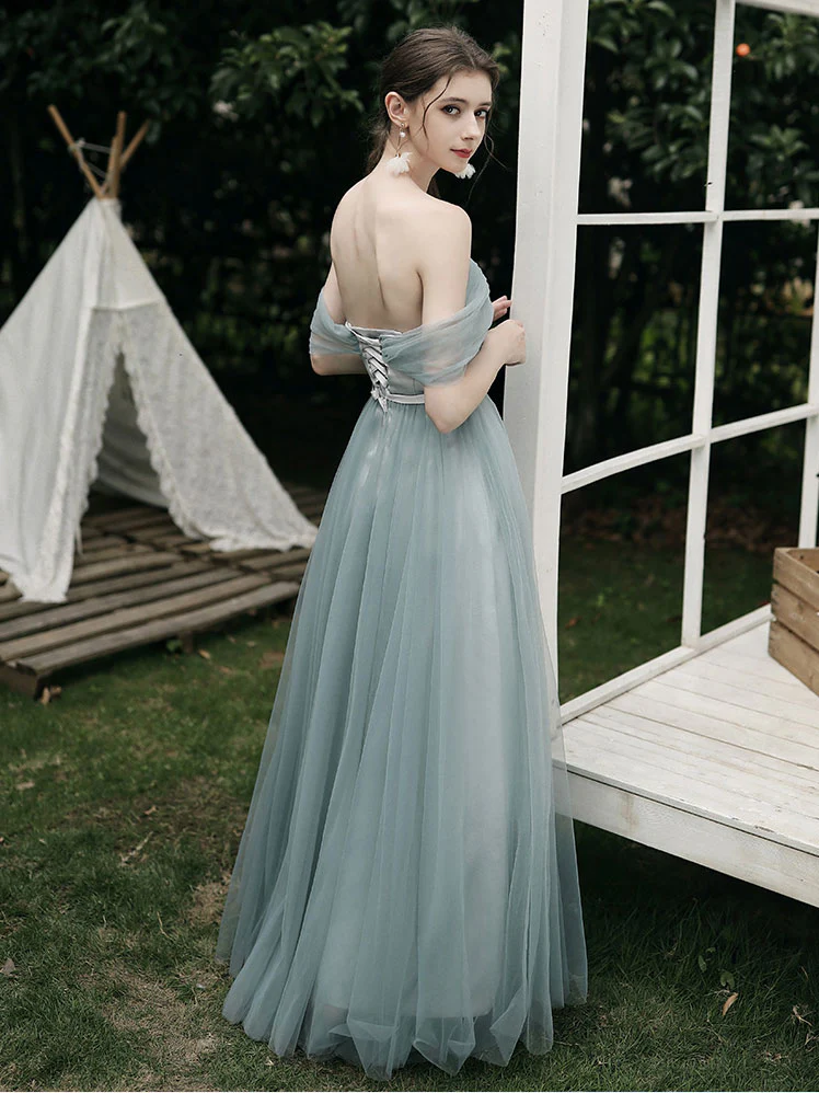 Simple A line Green Tulle Long Prom Dress, Green Tulle Bridesmaid Dresses - Deanwangkt