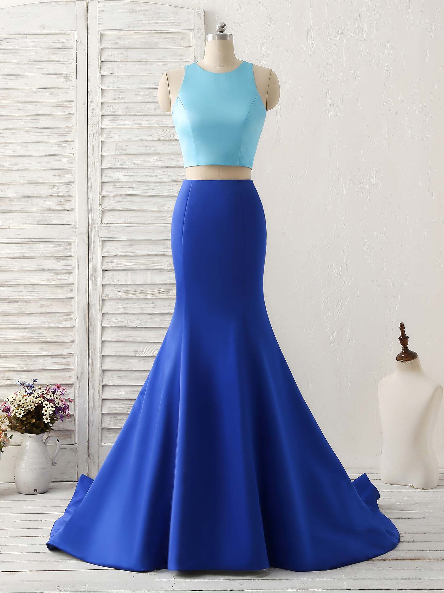 Royal Blue Two Pieces Satin Long Prom Dress, Blue Evening Dress - Deanwangkt