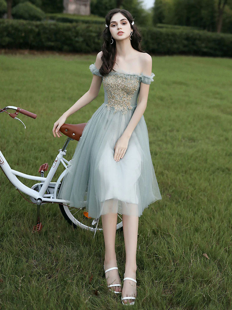 Gray Green Tulle Lace Short Prom Dresses, Gray Tulle Bridesmaid Dress - Deanwangkt