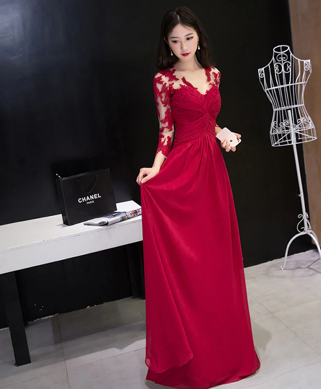 Burgundy Chiffon Lace Long Prom Dress, Bridesmaid Dress - Deanwangkt