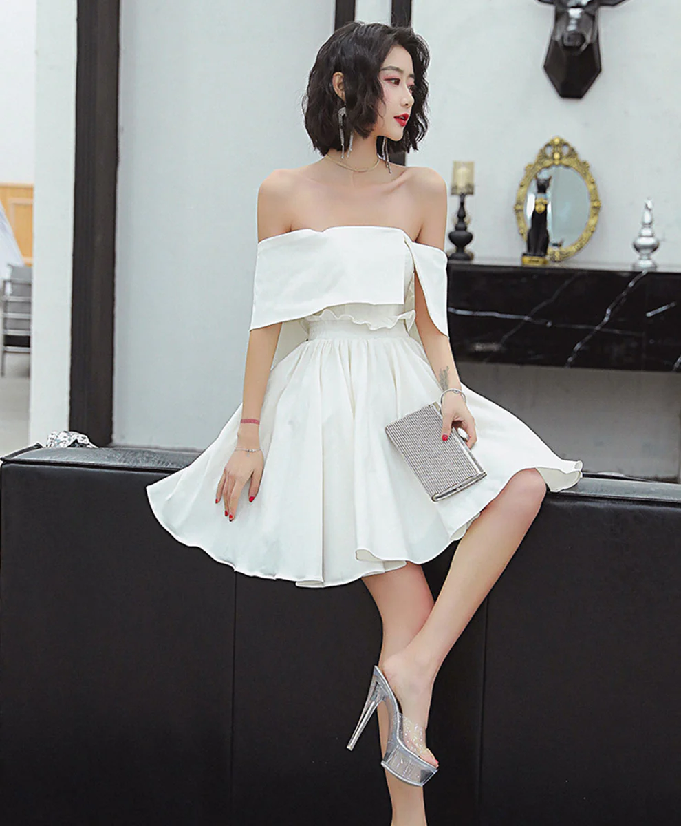Cute White Satin Short Prom Dress White Short Homecoming Dress - Deanwangkt