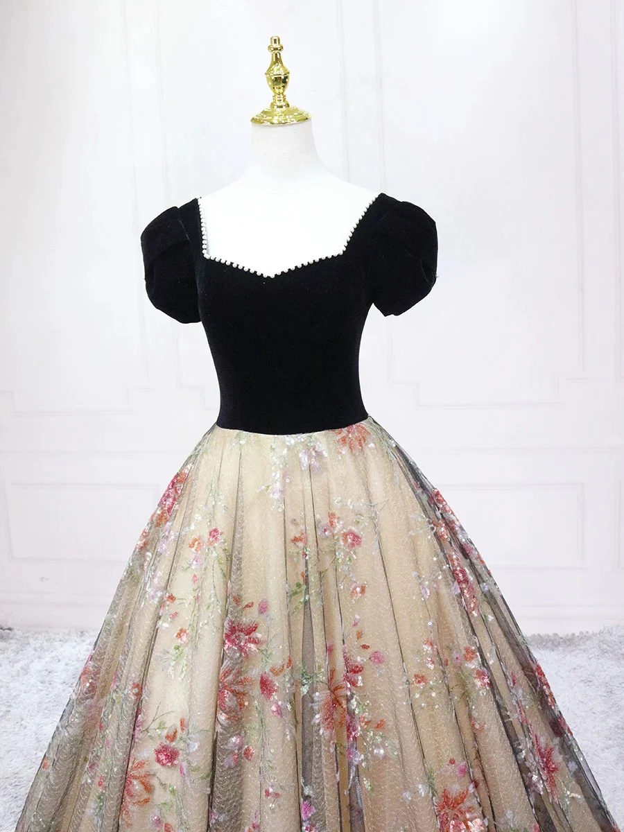 A-Line Tulle Lace Champagne/Black Long Prom Dress, Champagne/Black Formal Dress - Deanwangkt