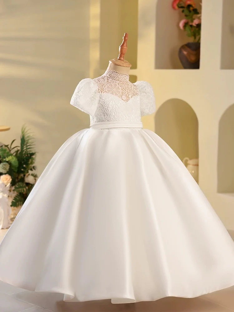 White High Neck Lace Satin Flower Girl Dress - Deanwangkt